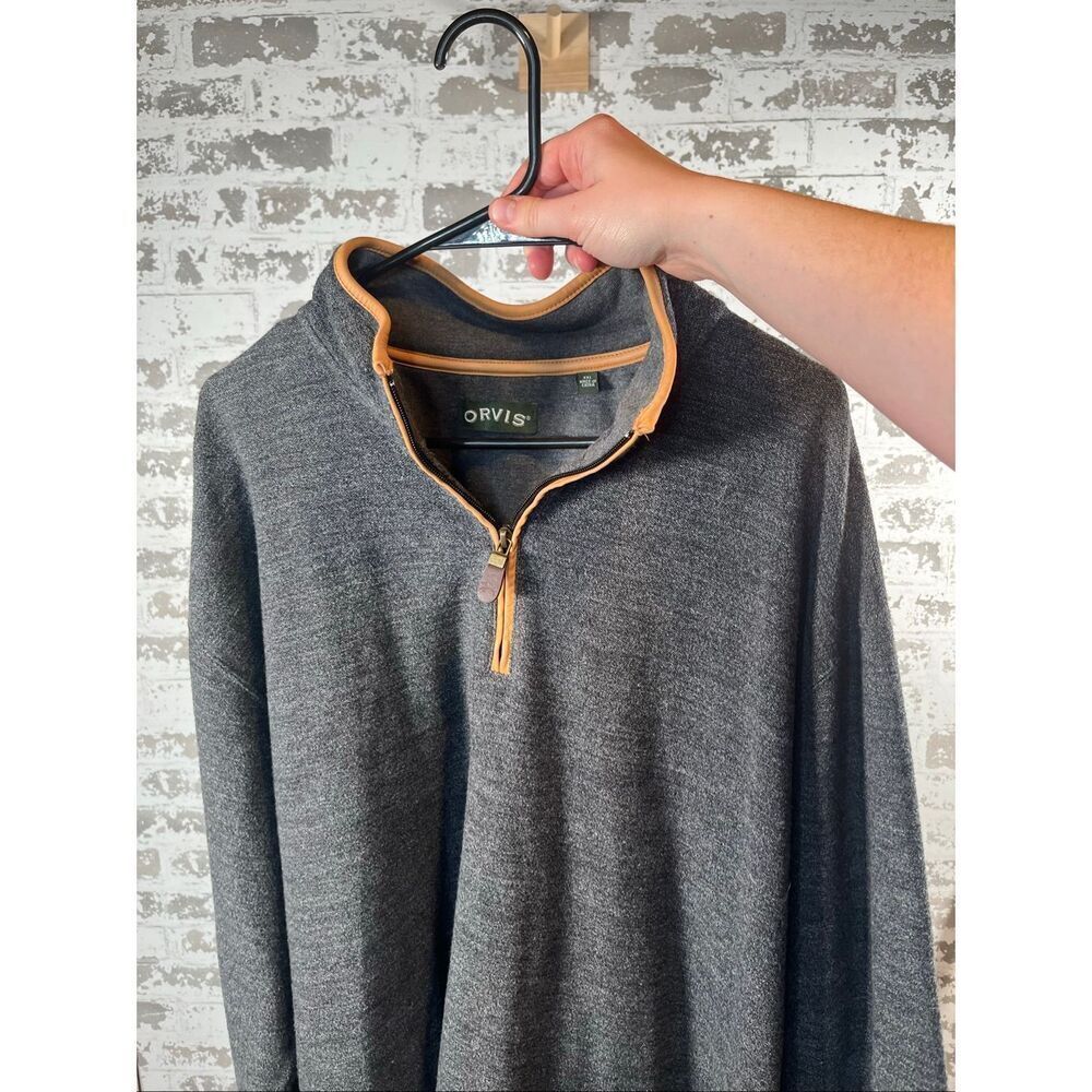 Orvis | men 1/4 zip gray Henley sweater with leather patches